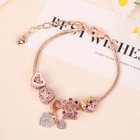 Moda DIY Braccialetto con Ciondoli di Perle Ruota Panoramica Cuore Strass Smalto Braccialetto in Lega Gioielli Regalo per Donne