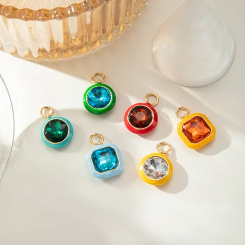 Geometric Copper Enamel Pendant Colorful Oil Drop Rhinestone Charm For DIY Keychain Bag Jewelry Accessory Making Euro-American Style