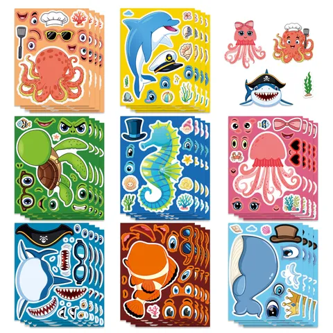 Modern Cartoon Marine Animal Face Stickers PVC Waterproof DIY Scrapbook Decorative Stickers Kids Fun Craft Sheet Journal Diary Decorative Decals