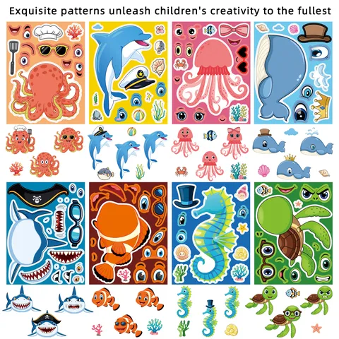 Modern Cartoon Marine Animal Face Stickers PVC Waterproof DIY Scrapbook Decorative Stickers Kids Fun Craft Sheet Journal Diary Decorative Decals