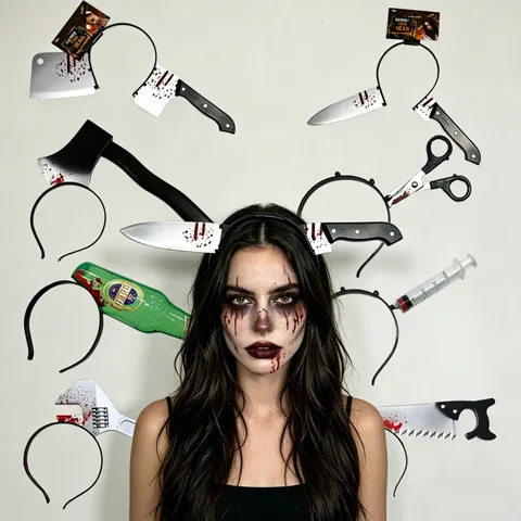 Halloween Scary Through Head Plastic Cleaver Axe Syringe Headband Prank Costume Prop Bloody Weapon Headpiece Novelty Party Decor