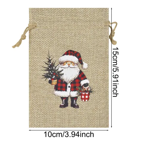 Christmas Burlap Drawstring Bags Xmas Linen Gift Pouches Reindeer Santa Claus Pattern Candy Treat Bags For Holiday Party Decoration