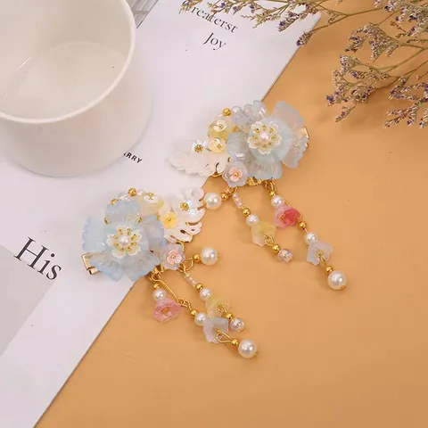 Retro Chinese Style Glass Floral Tassel Hair Clips With Artificial Pearl Ancient Hanfu Hair Accessories For Kids Festive New Year Holiday Photography