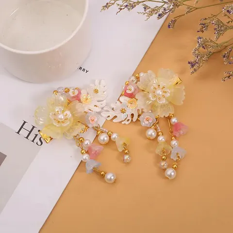 Retro Chinese Style Glass Floral Tassel Hair Clips With Artificial Pearl Ancient Hanfu Hair Accessories For Kids Festive New Year Holiday Photography