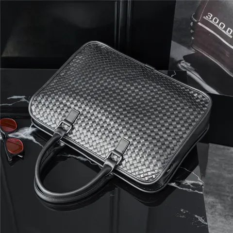 Men's Business Briefcase PU Leather Woven Handbag Casual Travel Crossbody Shoulder Bag Waterproof Laptop Bag