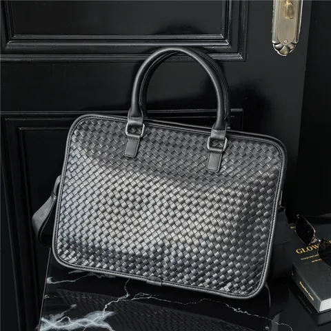 Men's Business Briefcase PU Leather Woven Handbag Casual Travel Crossbody Shoulder Bag Waterproof Laptop Bag