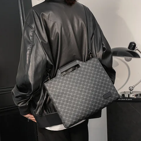 Men's Business Casual Briefcase PU Leather Waterproof Document iPad Bag Vintage Geometric Pattern Handbag Messenger Bag