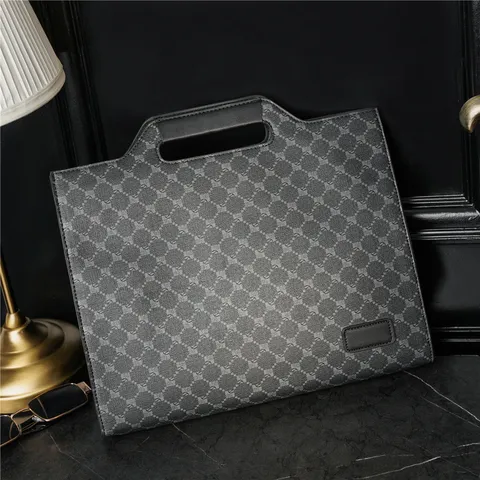 Men's Business Casual Briefcase PU Leather Waterproof Document iPad Bag Vintage Geometric Pattern Handbag Messenger Bag