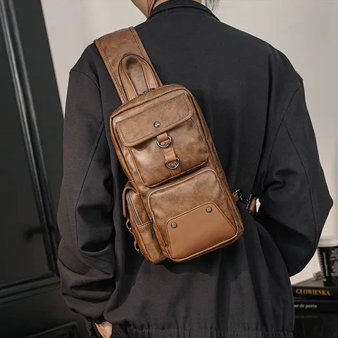 Men's PU Leather Waterproof Chest Bag Casual Crossbody Sling Bag Business Commuting Travel Outdoor Multipurpose Pack