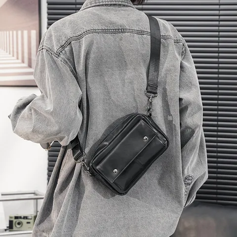 Men's Casual PU Leather Crossbody Bag Trendy Youth Solid Color Shoulder Messenger Bag Wear-Resistant Street Style