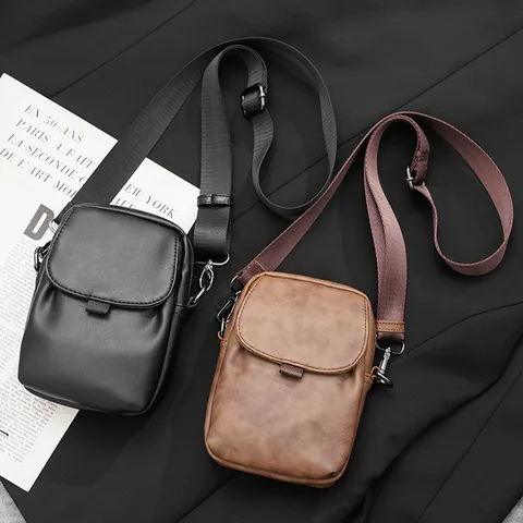 Men Casual PU Leather Crossbody Bag Fashion Solid Color Small Shoulder Bag Outdoor Travel Daily Mobile Phone Bag With Stitching