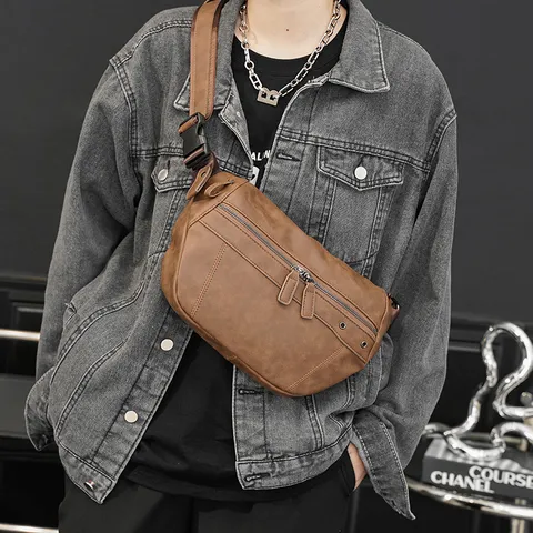 Men's PU Leather Chest Bag Vintage Casual Crossbody Sling Bag Large Capacity Business Commuting Shoulder Bag