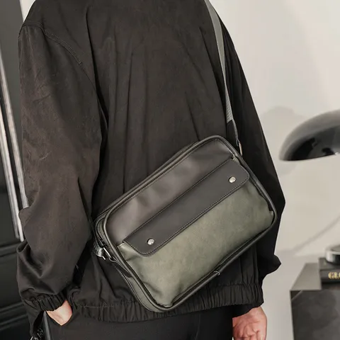 Men's Vintage Retro Messenger Bag PU Leather Waterproof Spliced Casual Crossbody Shoulder Bag