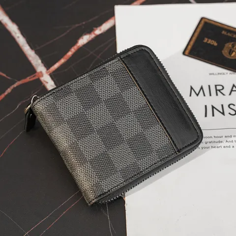 Men Short PU Leather Wallet Waterproof Plaid Card Holder Fashion Casual Zipper Coin Purse Business Card Organizer