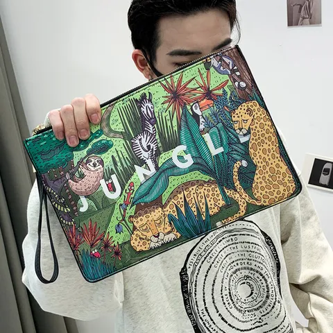 Men PU Leather Clutch Bag Large Capacity Envelope Bag Waterproof Jungle Animal Print Street Casual Document Handbag