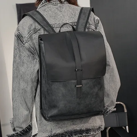 Vintage PU Leather Waterproof Backpack For Men Large Capacity Casual Travel School Laptop Bag Solid Color Color Blocking