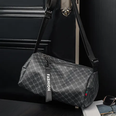 Men Casual PU Leather Crossbody Bag Lightweight Small Round Barrel Messenger Bag Waterproof Urban Minimalist Shoulder Bag