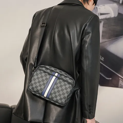 Men's Fashion Street Crossbody Bag Trendy PU Leather Horizontal Letter Small Square Bag Waterproof Shoulder Bag