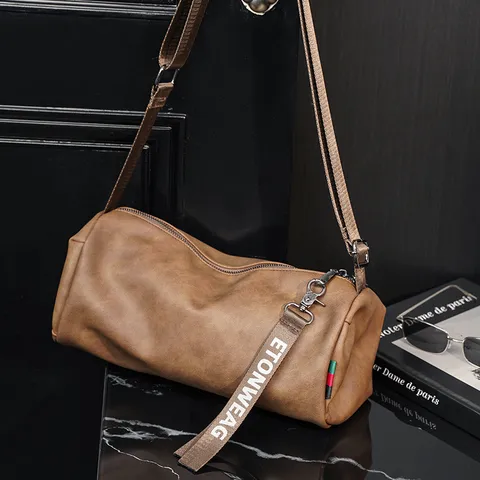 Men's Casual PU Leather Cylinder Crossbody Bag Waterproof Urban Minimalist Small Shoulder Bag Fashion Messenger Bag