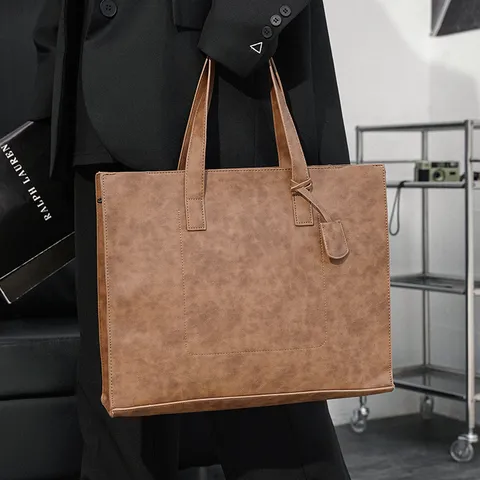 Men's PU Leather Tote Bag Business Casual Waterproof Large Capacity Shoulder Crossbody Handbag For Daily Commute