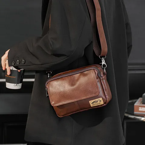 Men Vintage PU Leather Crossbody Bag Casual Solid Color Waterproof Messenger Bag Fashion Retro Shoulder Bag