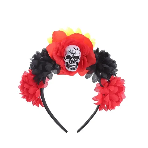 Halloween Skull Artificial Flower Headband Goth Style Polyester Fabric Hair Hoop For Festival Party Women Headwear