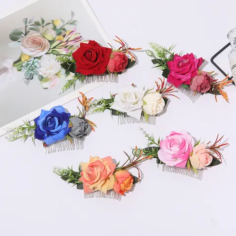 Fabric Rose Flower Hair Comb Silver Tone Hair Side Comb Bridal Wedding Hair Accessory For Women Ethnic Style