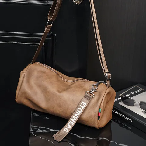 Men Women Casual PU Leather Barrel Crossbody Bag Vintage Waterproof Shoulder Messenger Bag Fashion Trendy Chest Bag