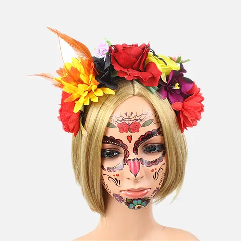 Halloween Rose Feather Headband Mexican Day of the Dead Floral Hair Band Party Headwear Costume Accessories