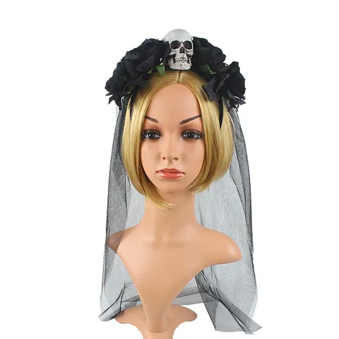 Halloween Rosa Calavera Diadema Gótico Malla Velo Tocopelo Accesorio de Cabello de Fiesta Disfraz Para Mujeres