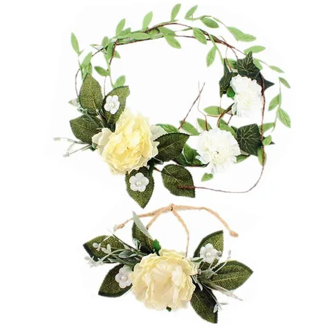 Bohemian Silk Fabric Pearl Floral Wreath Headband And Belt Set Peony Flower Hair Garland For Wedding Party Vacation