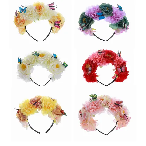 Retro Halloween Party Headband Women Simulation Peony Flower Butterfly Hair Band Fashion Festival Hair Accessories