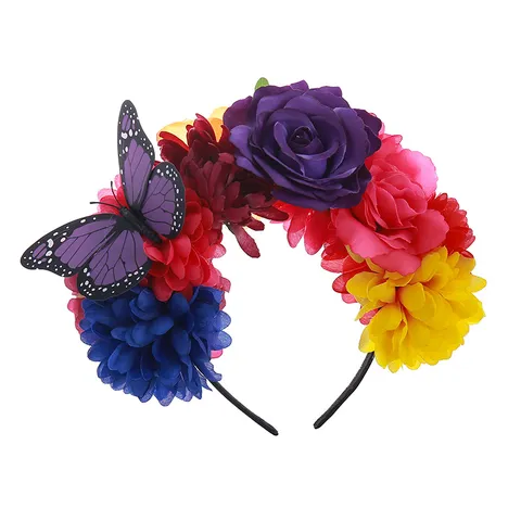 Retro Butterfly Artificial Flower Headband Women Halloween Party Hair Accessories Mexican Headdress Fabric Hair Hoop