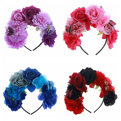 Vintage Rose Flower Butterfly Headband Polyester Festival Halloween Party Hair Hoop Headwear For Women