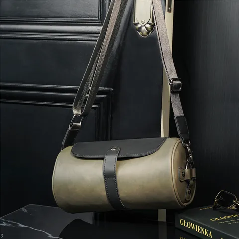 Retro Cylindrical PU Leather Shoulder Bag Casual Crossbody Bag Fashion Men Women Solid Color Waterproof Handbag