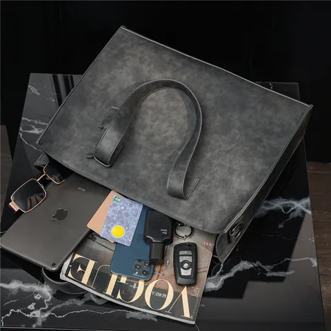 Men PU Leather Tote Bag Casual Business Handbag Large Capacity Shoulder Bag Fashion Commuter Messenger Bag