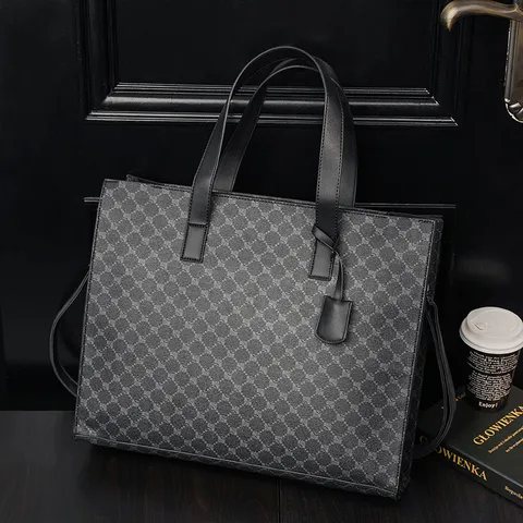 Men's Business PU Leather Tote Bag Large Capacity Waterproof Laptop Handbag Geometric Pattern Crossbody Bag