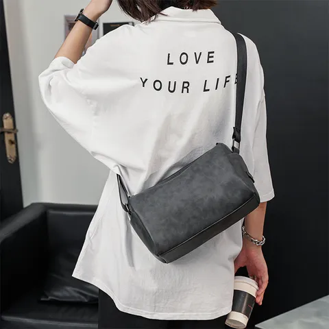 Men's Casual PU Leather Barrel Shoulder Bag Waterproof Minimalist Crossbody Bag Fashion Travel Sling Bag For Men