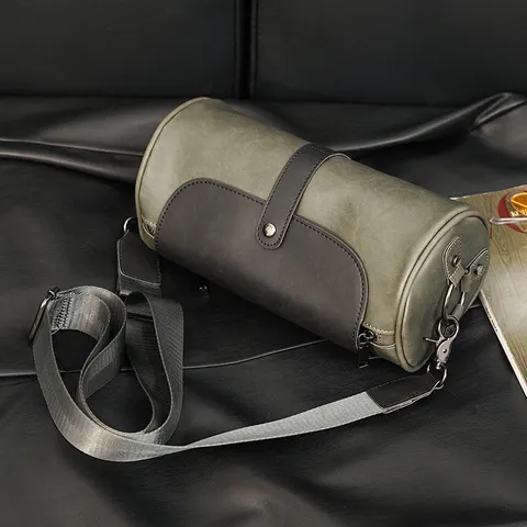 Retro Cylindrical PU Leather Shoulder Bag Casual Crossbody Bag Fashion Men Women Solid Color Waterproof Handbag