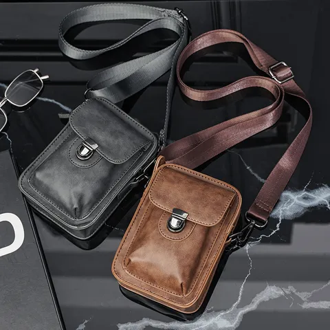 Bolso Bandolera de Cuero PU Retro para Hombre Casual Pequeño Bolso Crossbody Vintage Multifuncional Bolso de Teléfono Moda Mensajero Bolso para Hombre
