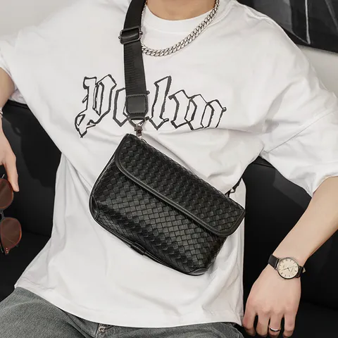 Men's Casual Waterproof PU Leather Woven Chest Bag Fashion Solid Color Crossbody Bag Urban Minimalist Travel Sling Bag