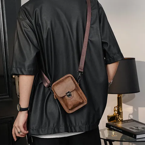 Bolso Bandolera de Cuero PU Retro para Hombre Casual Pequeño Bolso Crossbody Vintage Multifuncional Bolso de Teléfono Moda Mensajero Bolso para Hombre