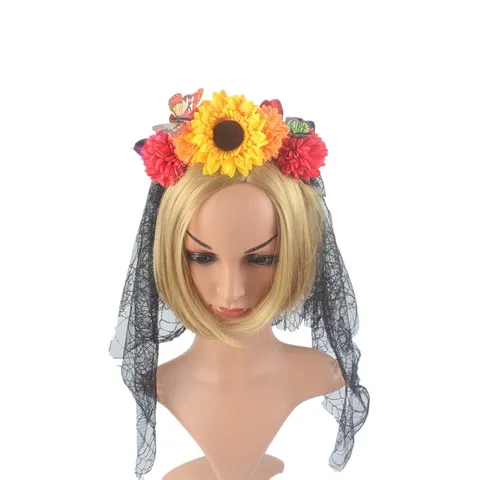 Halloween Party Flower Headband Gothic Black Veil Floral Hair Band Lolita Cosplay Headwear Costume Accessories