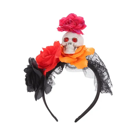 Halloween Skull Artificial Rose Lace Headband With Rhinestone Eye Gothic Party Hair Accessories Women Hair Band