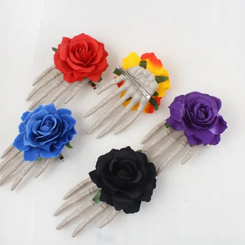 Halloween Gothic Skeleton Hand Rose Hair Clip Scary Bone Claw Hairpin Festival Party Cosplay Hair Accessories For Women