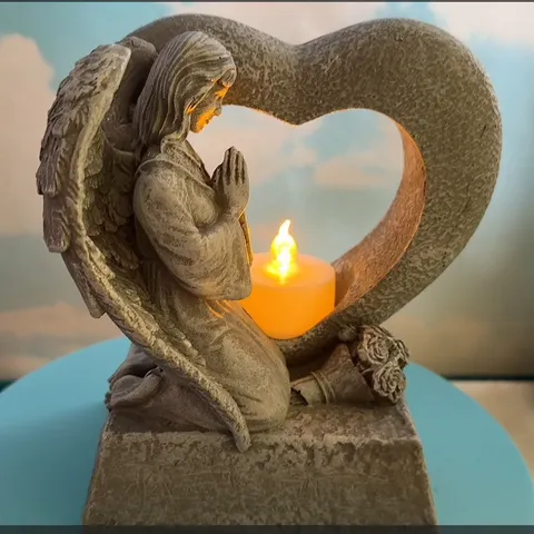 Resin Angel Praying Figurine Heart Hollow Tea Light Candle Holder Memorial Tombstone Grave Garden Home Decor Statues