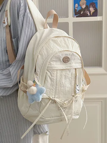 Women Casual Large Capacity Nylon Backpack Solid Color Travel Commuter School Bag With Laptop Compartment And Cute Pendant