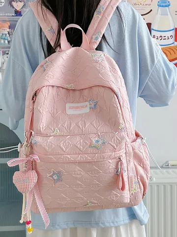 Sac à Dos Décontracté en Nylon Grande Capacité Cartable Mignon Matelassé avec Étoile Brodé pour Femmes Étudiants
