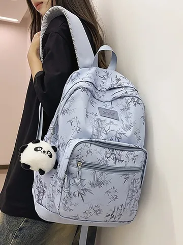 Women Casual Nylon Backpack Large Capacity School Bookbag With Bamboo Leaf Print Travel Daypack