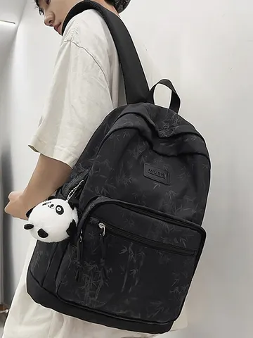 Women Casual Nylon Backpack Large Capacity School Bookbag With Bamboo Leaf Print Travel Daypack